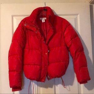 Red puffer jacket